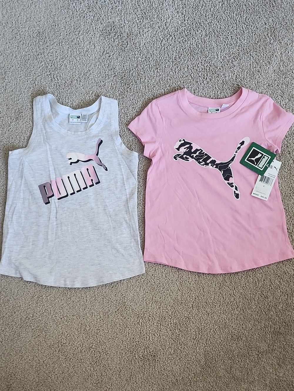 NWT Puma Kids Girls Size 5 Pink Camo Tee & Grey Ombre Tank Top Set Lot